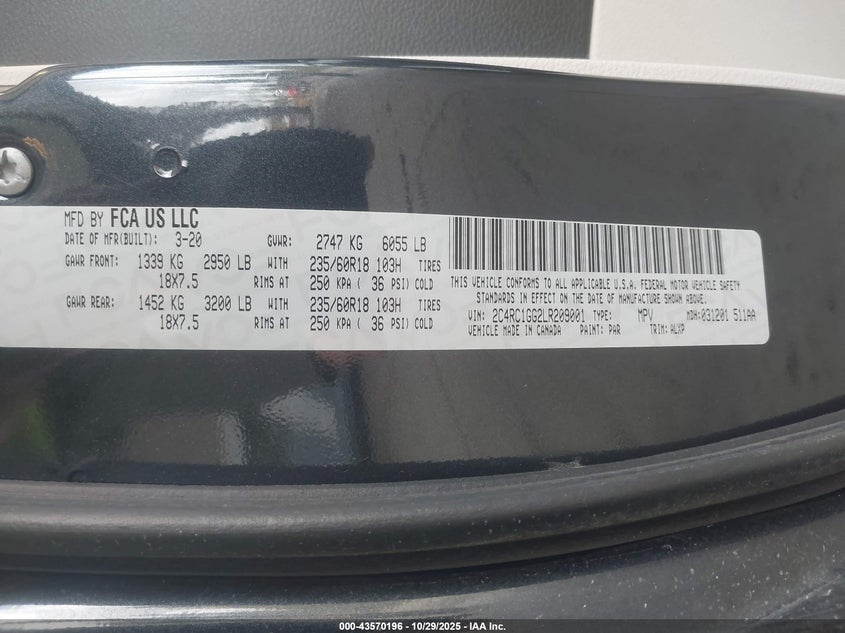 2020 Chrysler Pacifica Limited VIN: 2C4RC1GG2LR209001 Lot: 43570196