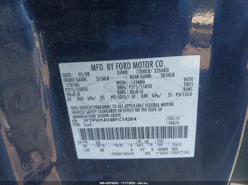 2008 Ford F-150 60Th Anniversary/Fx4/King Ranch/Lariat/Xlt VIN: 1FTPW14V48FC14264 Lot: 43570202