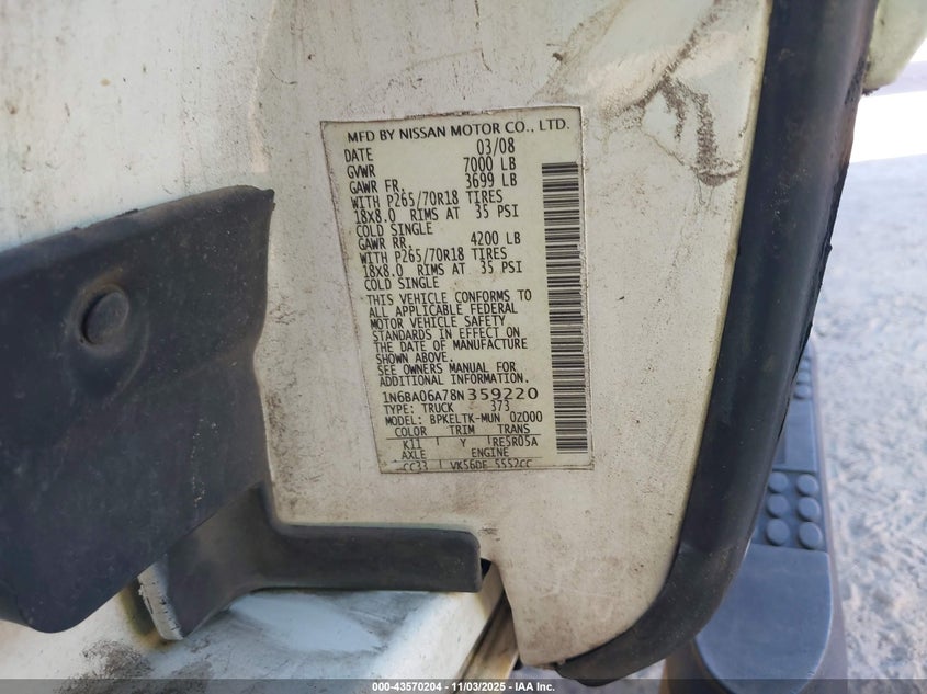 2004 Nissan Titan Se VIN: 1N6AA06A84N520552 Lot: 43570204