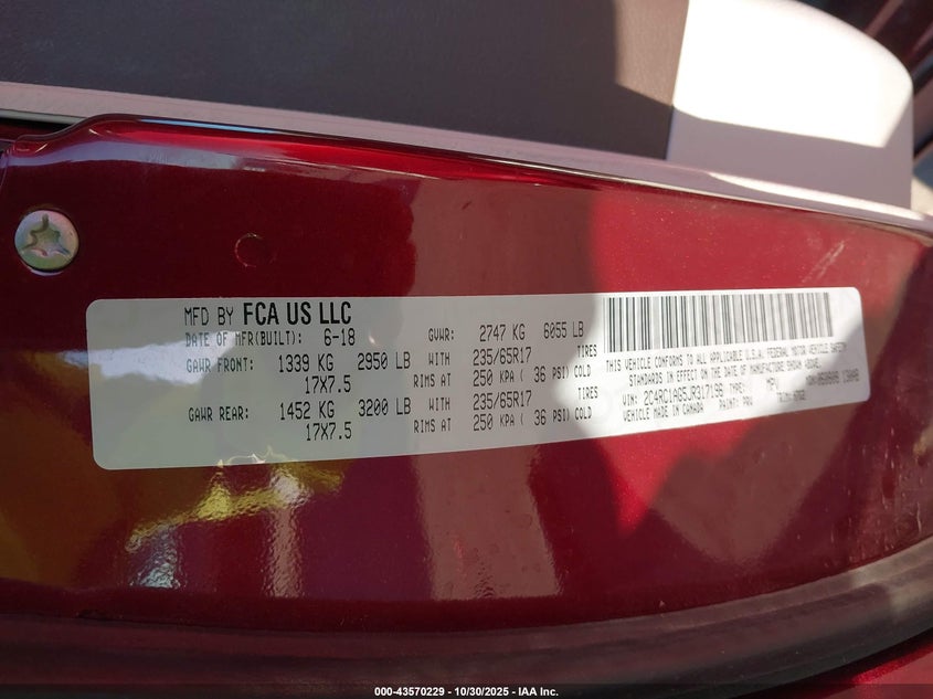 2018 Chrysler Pacifica L VIN: 2C4RC1AG5JR317196 Lot: 43570229