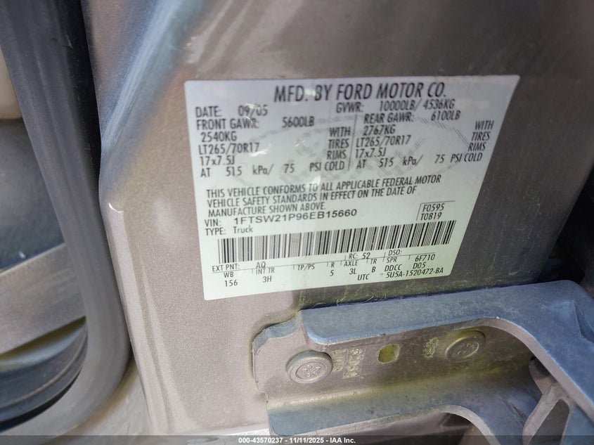 2006 Ford F-250 Lariat/Xl/Xlt VIN: 1FTSW21P96EB15660 Lot: 43570237