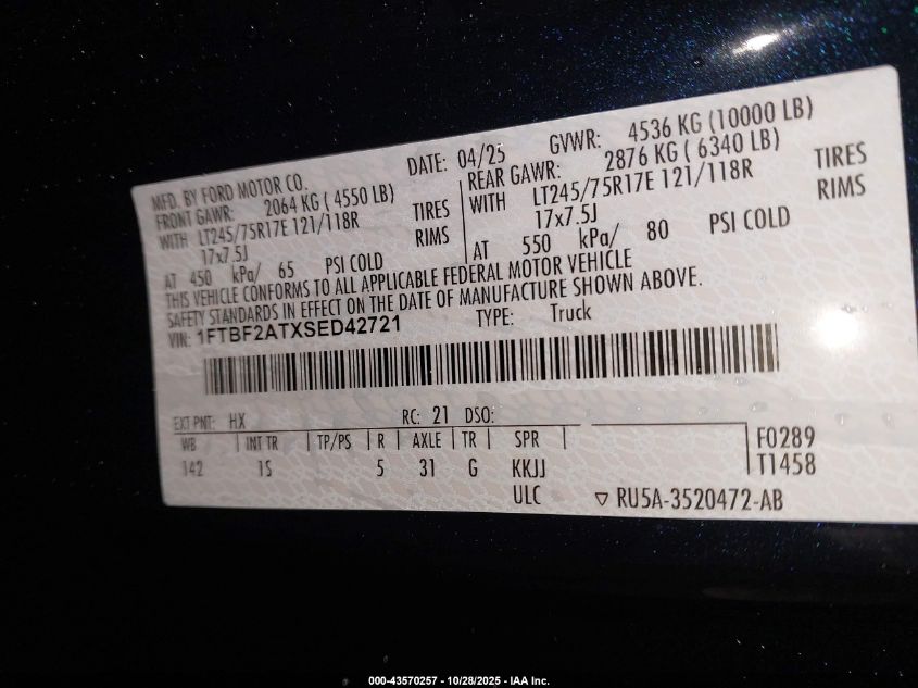 2025 Ford F250 Super Duty VIN: 1FTBF2ATXSED42721 Lot: 43570257