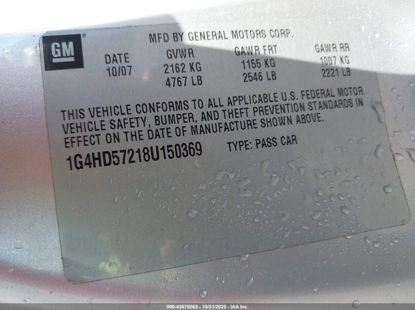 2008 Buick Lucerne Cxl VIN: 1G4HD57218U150369 Lot: 43570263