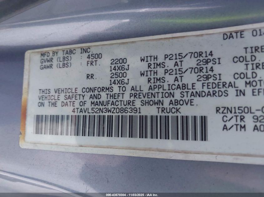 1998 Toyota Tacoma VIN: 4TAVL52N3WZ086391 Lot: 43570304