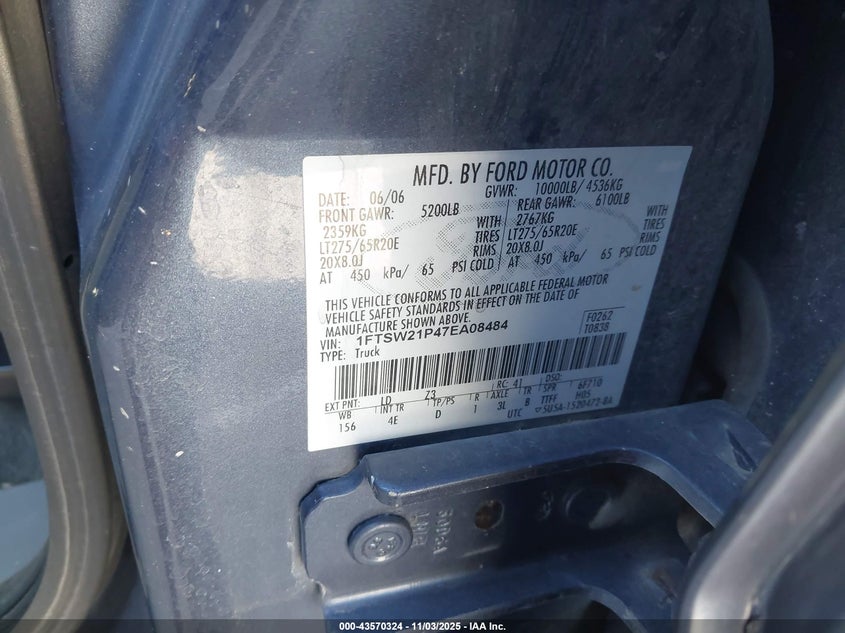 2007 Ford F-250 Lariat/Xl/Xlt VIN: 1FTSW21P47EA08484 Lot: 43570324