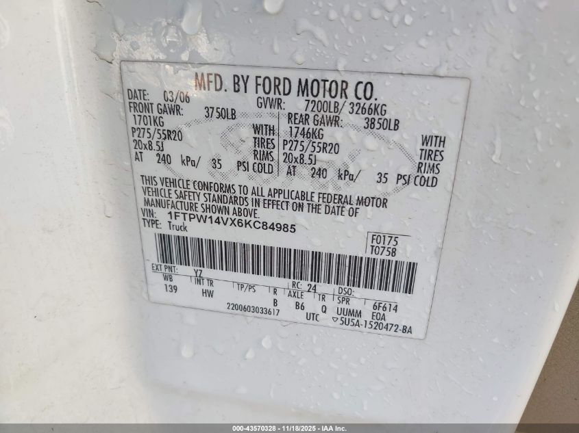 2006 Ford F-150 Fx4/Lariat/Xlt VIN: 1FTPW14VX6KC84985 Lot: 43570328