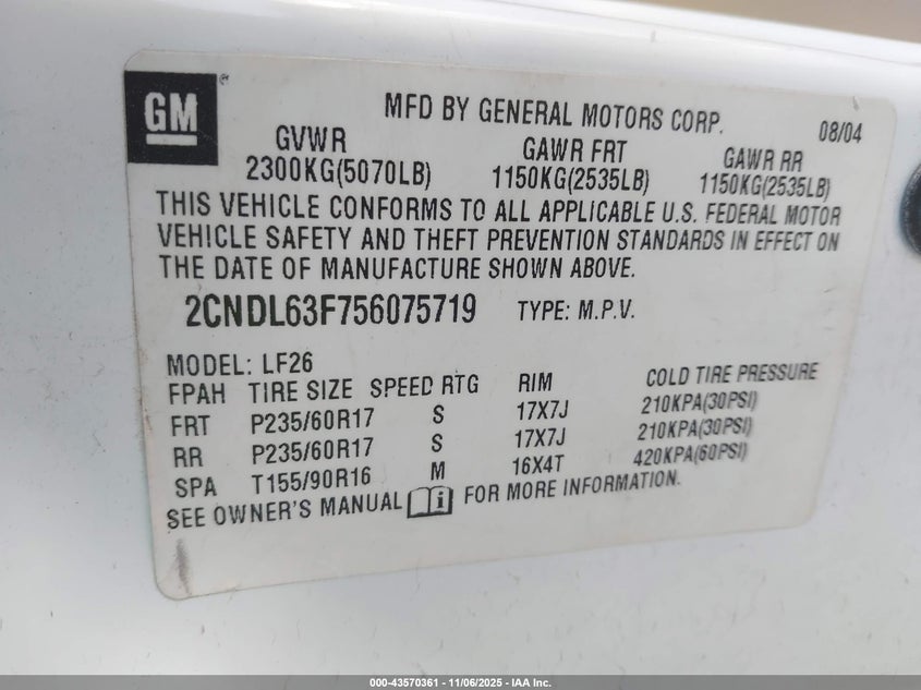 2005 Chevrolet Equinox Lt VIN: 2CNDL63F756075719 Lot: 43570361