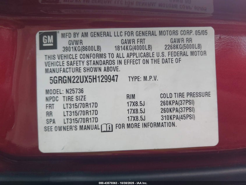 2005 Hummer H2 Sut VIN: 5GRGN22UX5H129947 Lot: 43570363