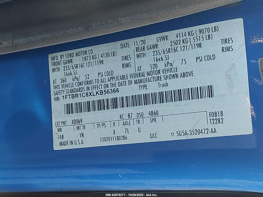 2020 Ford Transit-250 VIN: 1FTBR1C8XLKB56366 Lot: 43570371