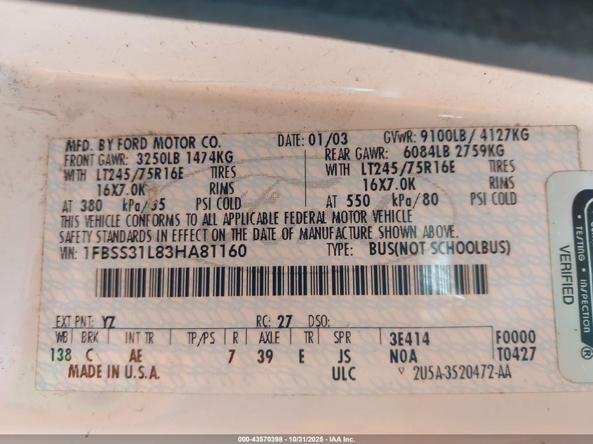 2003 Ford E-350 Super Duty Xl/Xlt VIN: 1FBSS31L83HA81160 Lot: 43570398