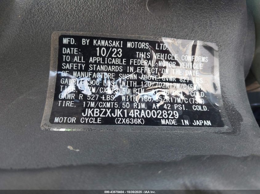 2024 Kawasaki Zx636 K VIN: JKBZXJK14RA002829 Lot: 43570404