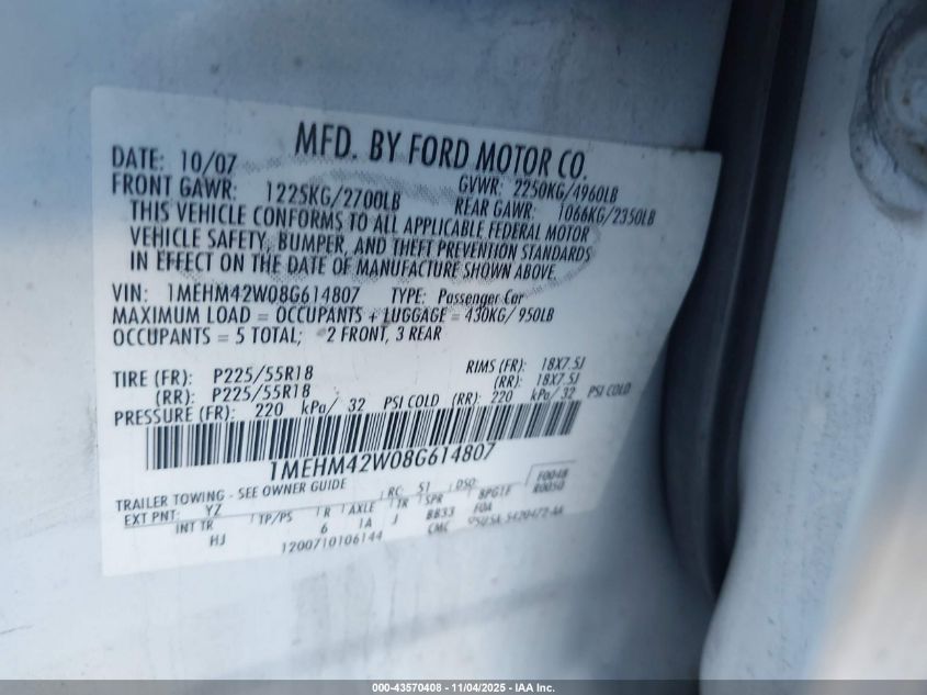 2008 Mercury Sable Premier VIN: 1MEHM42W08G614807 Lot: 43570408