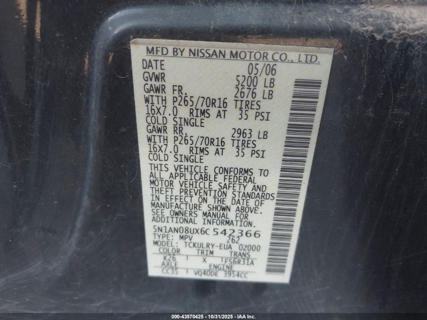 2006 Nissan Xterra S VIN: 5N1AN08UX6C542366 Lot: 43570425