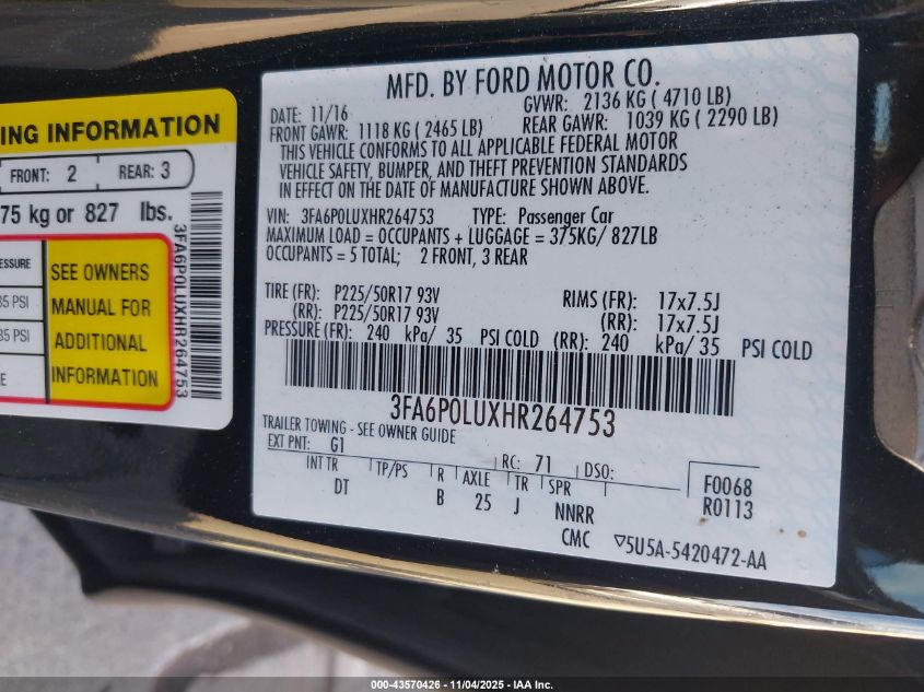 2017 Ford Fusion Hybrid Se VIN: 3FA6P0LUXHR264753 Lot: 43570426