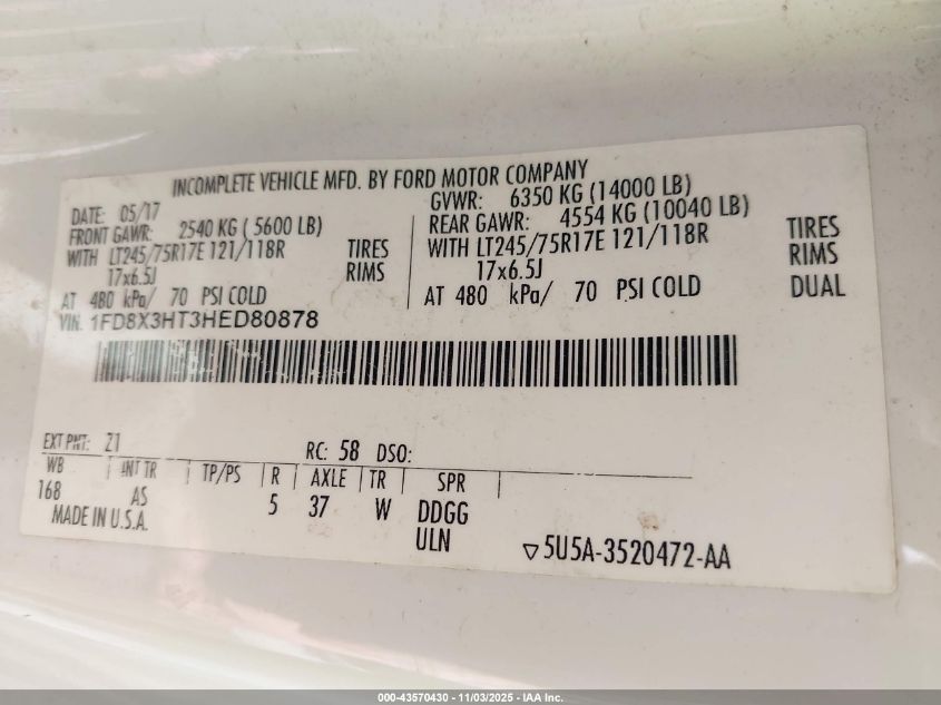 2017 Ford F-350 Chassis Xl VIN: 1FD8X3HT3HED80878 Lot: 43570430