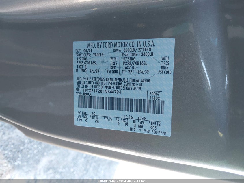 2001 Ford F-150 Xl/Xlt VIN: 1FTZF172X1NB46784 Lot: 43570443