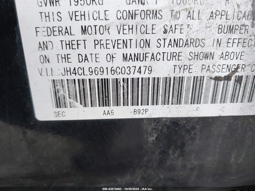 2006 Acura Tsx VIN: JH4CL96916C037479 Lot: 43570462