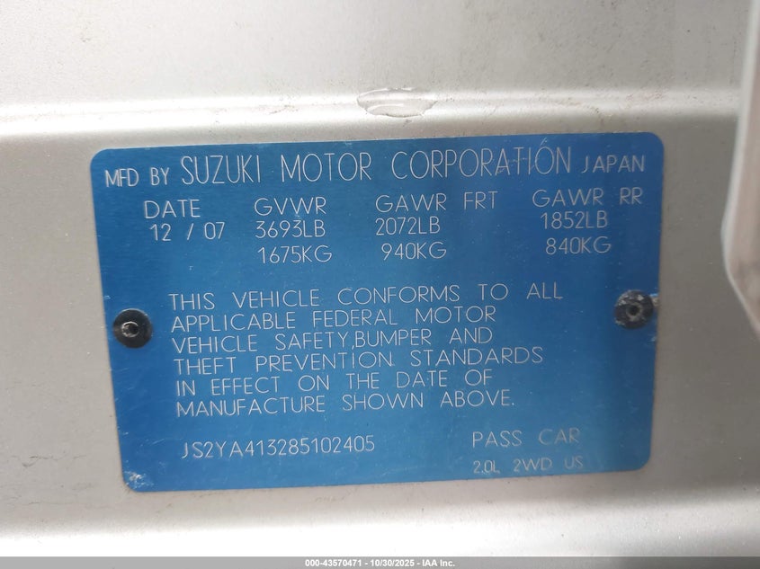 2008 Suzuki Sx4 Convenience Regional Edition/Regional Edition/Touring 2 Regional Edition VIN: JS2YA413285102405 Lot: 43570471