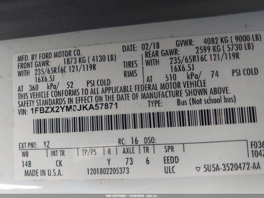 2018 Ford Transit-350 Xlt VIN: 1FBZX2YM8JKA57871 Lot: 43570480