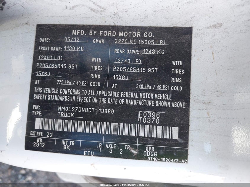 2012 Ford Transit Connect Xlt VIN: NM0LS7DN8CT113880 Lot: 43570499