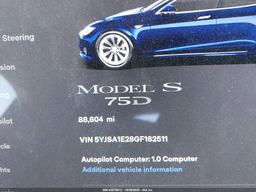 2016 Tesla Model S 60D/70D/75D/85D/90D VIN: 5YJSA1E28GF162511 Lot: 43570512