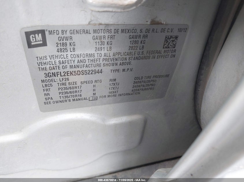 2013 CHEVROLET CAPTIVA SPORT 2LS 3GNFL2EK5DS522944