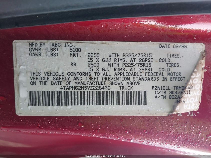 1997 Toyota Tacoma VIN: 4TAPM62N5VZ228430 Lot: 43570539
