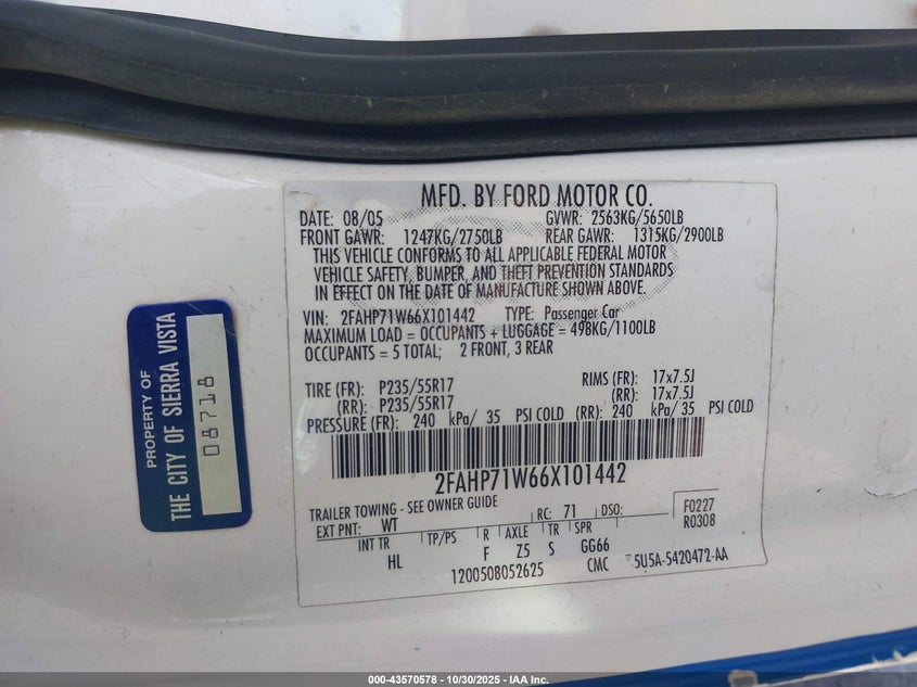 2006 Ford Crown Victoria Police/Police Interceptor VIN: 2FAHP71W66X101442 Lot: 43570578