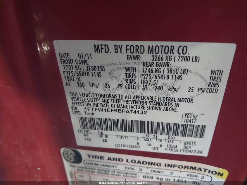 1FTFW1EF6BFA74132 2011 FORD F-150 photo no. 9