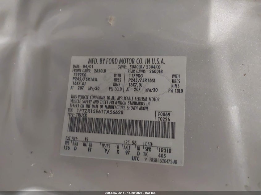 2001 Ford Ranger Edge/Xlt VIN: 1FTZR15E61TA56628 Lot: 43570611
