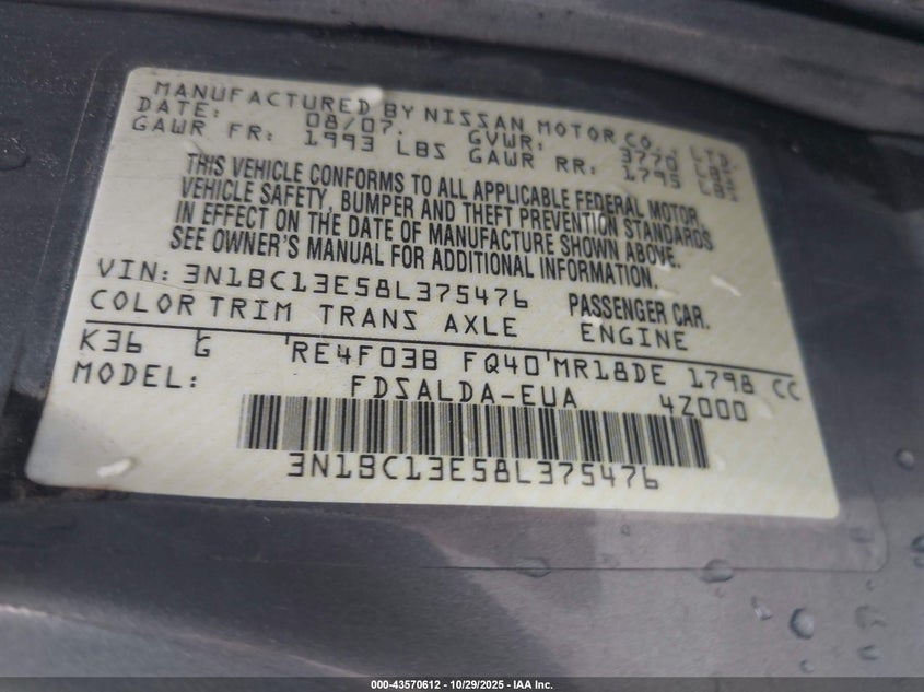 3N1BC13E58L375476 2008 NISSAN VERSA photo no. 9