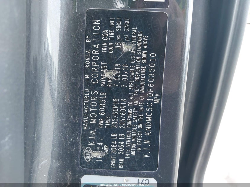 2015 Kia Sedona Ex VIN: KNDMC5C10F6035010 Lot: 43570646