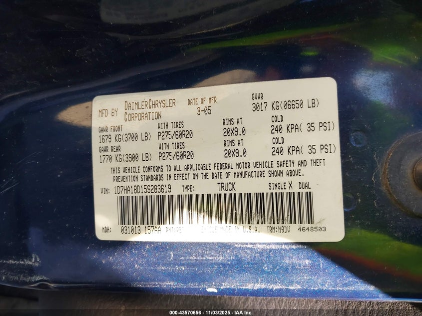 2005 Dodge Ram 1500 Slt/Laramie VIN: 1D7HA18D15S283619 Lot: 43570656