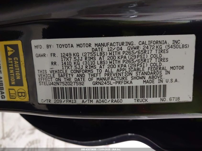 2005 Toyota Tacoma Base V6 VIN: 5TELU42N75Z027592 Lot: 43570658