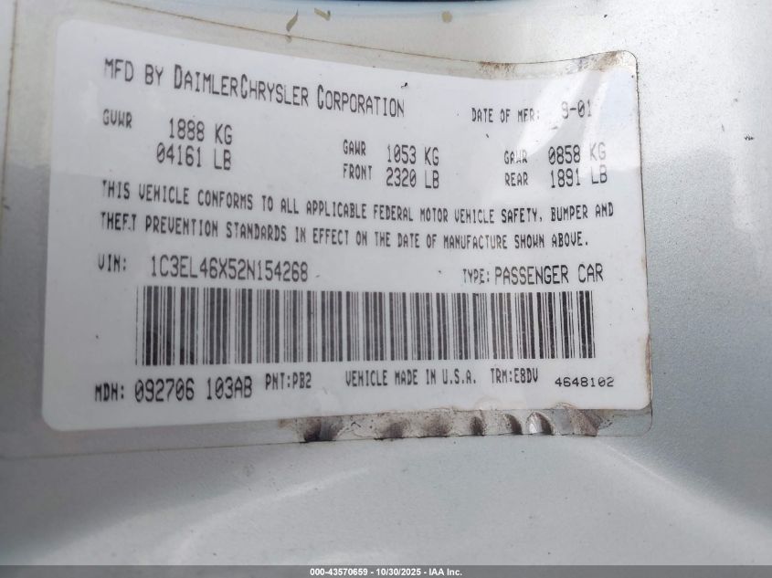 2002 Chrysler Sebring Lx/Lx Plus VIN: 1C3EL46X52N154268 Lot: 43570659