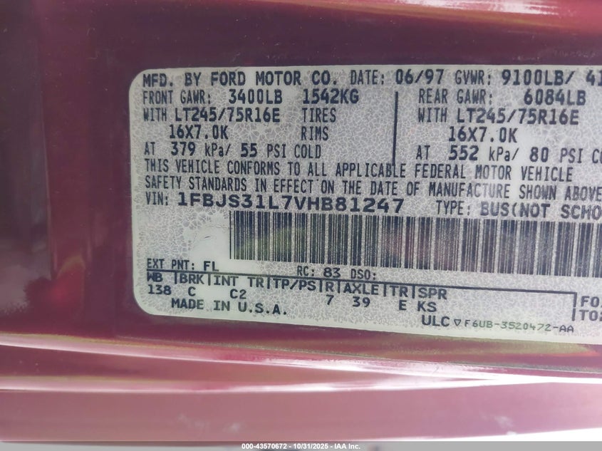 1FBJS31L7VHB81247 1997 FORD  photo no. 9