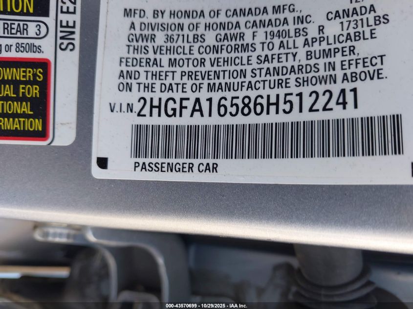 2006 Honda Civic Lx VIN: 2HGFA16586H512241 Lot: 43570699