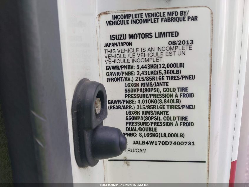 2013 Isuzu Npr Dsl Reg At Eco-Max VIN: JALB4W170D7400731 Lot: 43570701