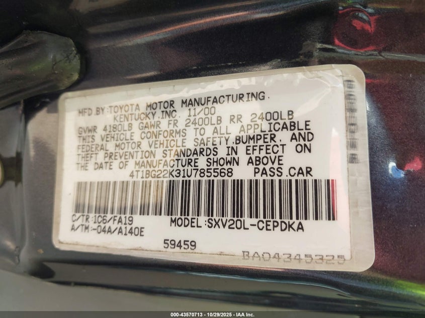 4T1BG22K31U785568 2001 TOYOTA CAMRY photo no. 9