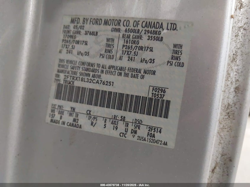 2002 Ford F-150 Lariat/Xl/Xlt VIN: 2FTRX18L32CA76251 Lot: 43570738