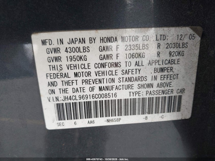 2006 Acura Tsx VIN: JH4CL96916C008516 Lot: 43570743