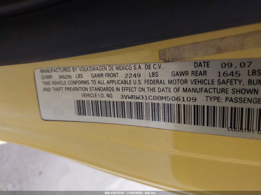 2008 Volkswagen New Beetle S/Se VIN: 3VWRW31C08M506109 Lot: 43570747