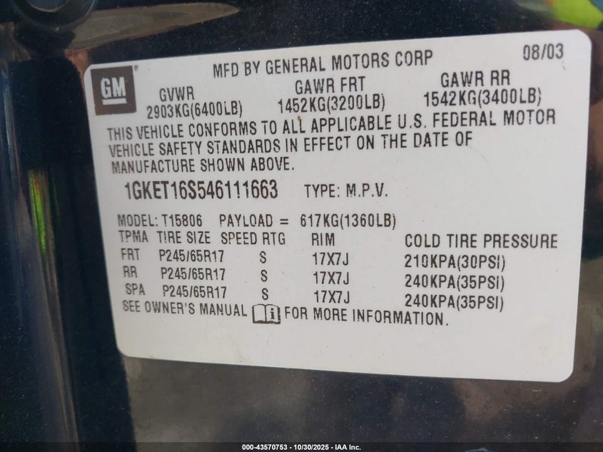 2004 GMC Envoy Xl Sle VIN: 1GKET16S546111663 Lot: 43570753