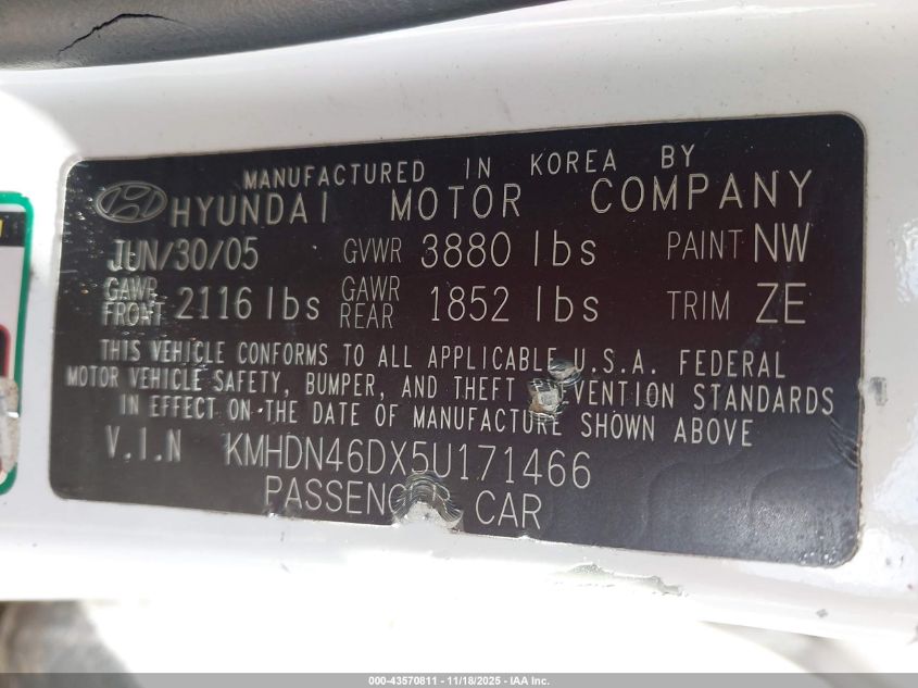 2005 Hyundai Elantra Gls/Gt VIN: KMHDN46DX5U171466 Lot: 43570811