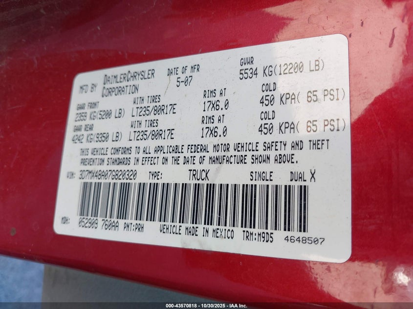 2007 Dodge Ram 3500 Slt/Sport VIN: 3D7MX48A07G820320 Lot: 43570818