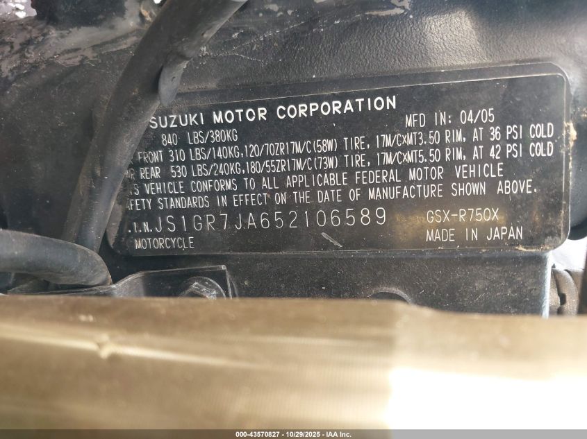 2005 Suzuki Gsx-R750 K VIN: JS1GR7JA652106589 Lot: 43570827