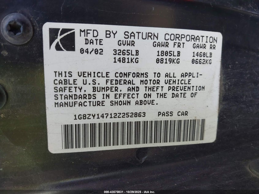 2002 Saturn S-Series Sc2 VIN: 1G8ZY14712Z252863 Lot: 43570831