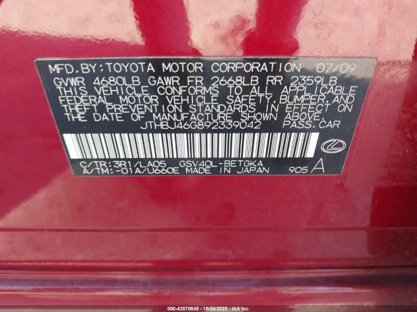 2009 Lexus Es 350 VIN: JTHBJ46G892339042 Lot: 43570849