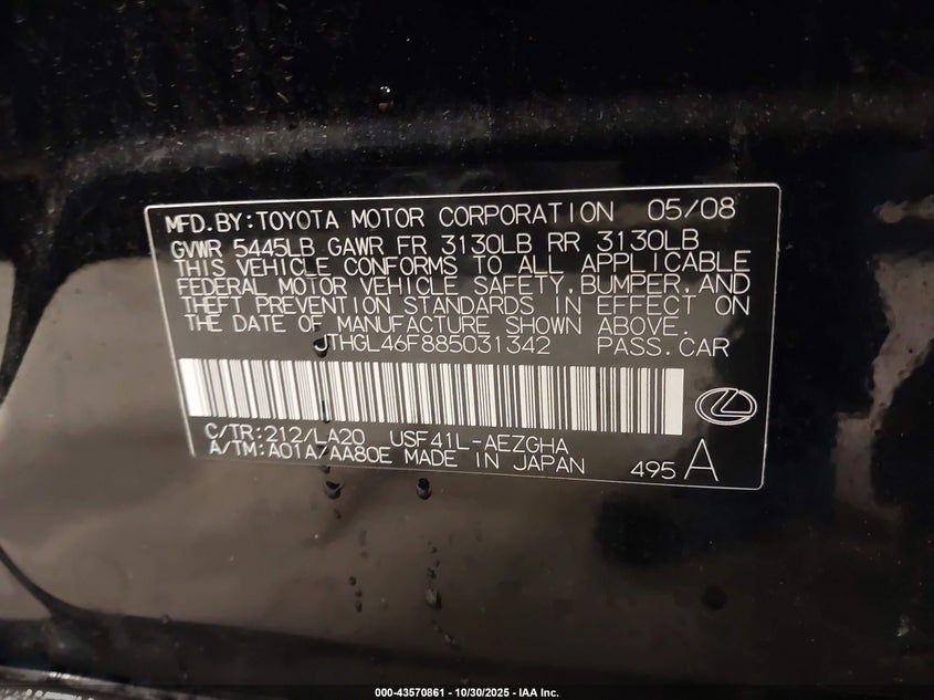 2008 Lexus Ls 460 L VIN: JTHGL46F885031342 Lot: 43570861