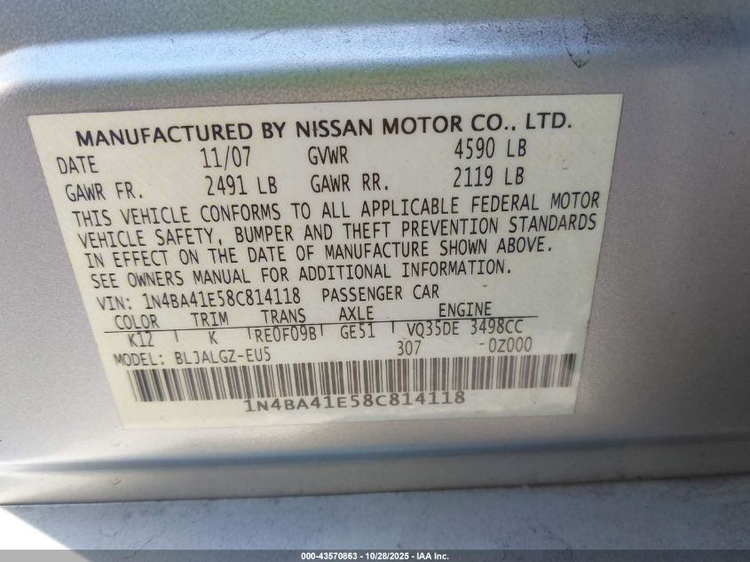 2008 Nissan Maxima 3.5 Sl VIN: 1N4BA41E58C814118 Lot: 43570863